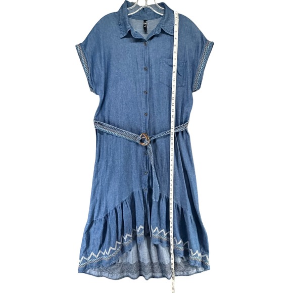 Red + Olive Denim Shirt Dress Women M Blue Belted Embroidered Hi Lo Boho Western - Picture 10 of 14